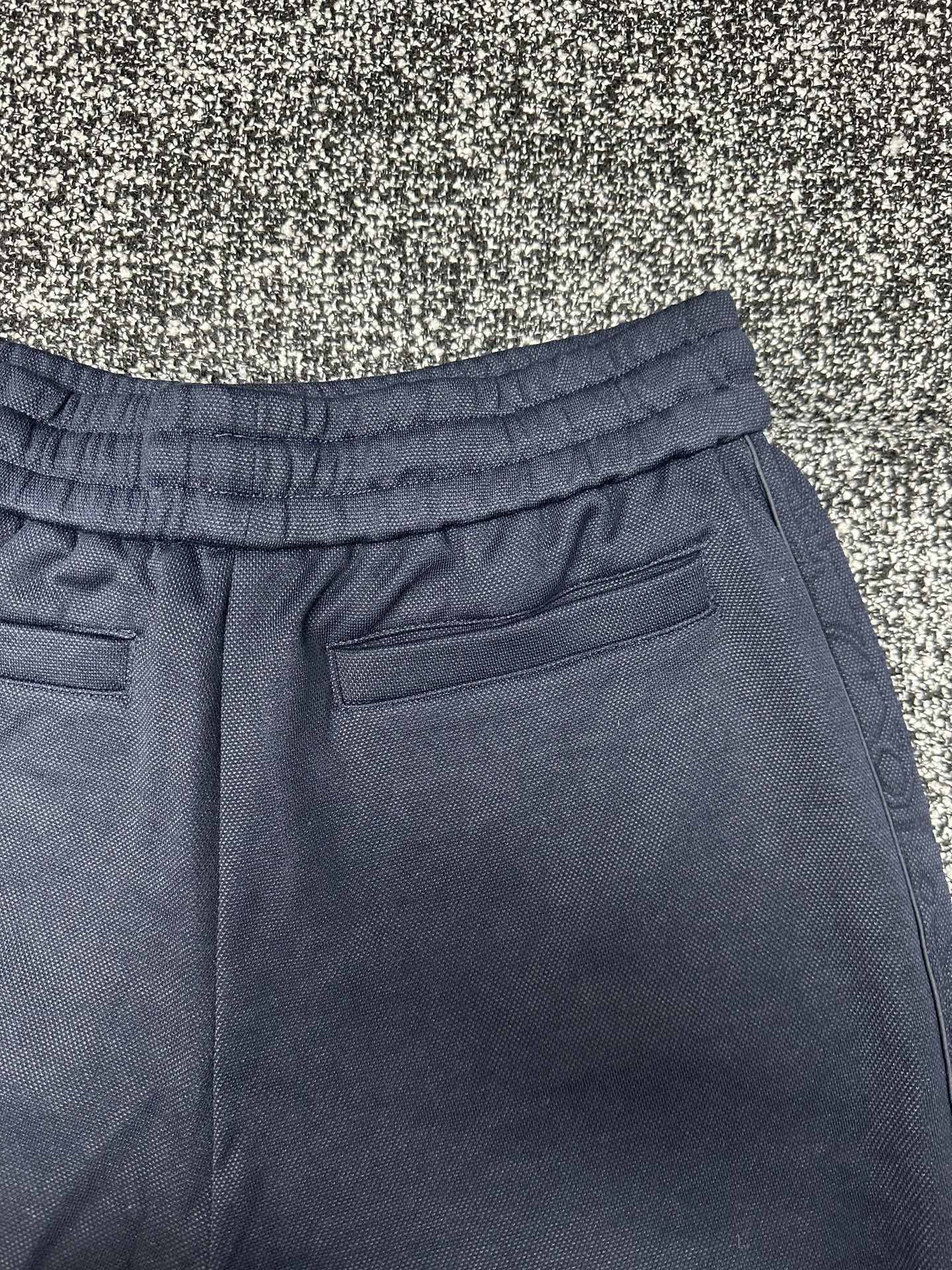 Dior pants, slate blue wide-leg with pleated waistband and hip patch pockets