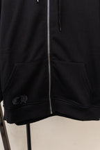 Black zip hoodie with kangaroo pocket and ribbed hem at the front