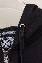 Black hoodie sleeve/hood area with side ring detail and zipper tab