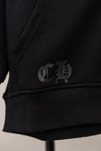 Black zip hoodie with gray logo on sleeve cuff and hem
