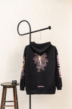 Black zip hoodie with large pink floral graphic on the back and hood