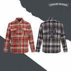 Plaid long-sleeve shirt jacket shown front and back views in red and dark navy