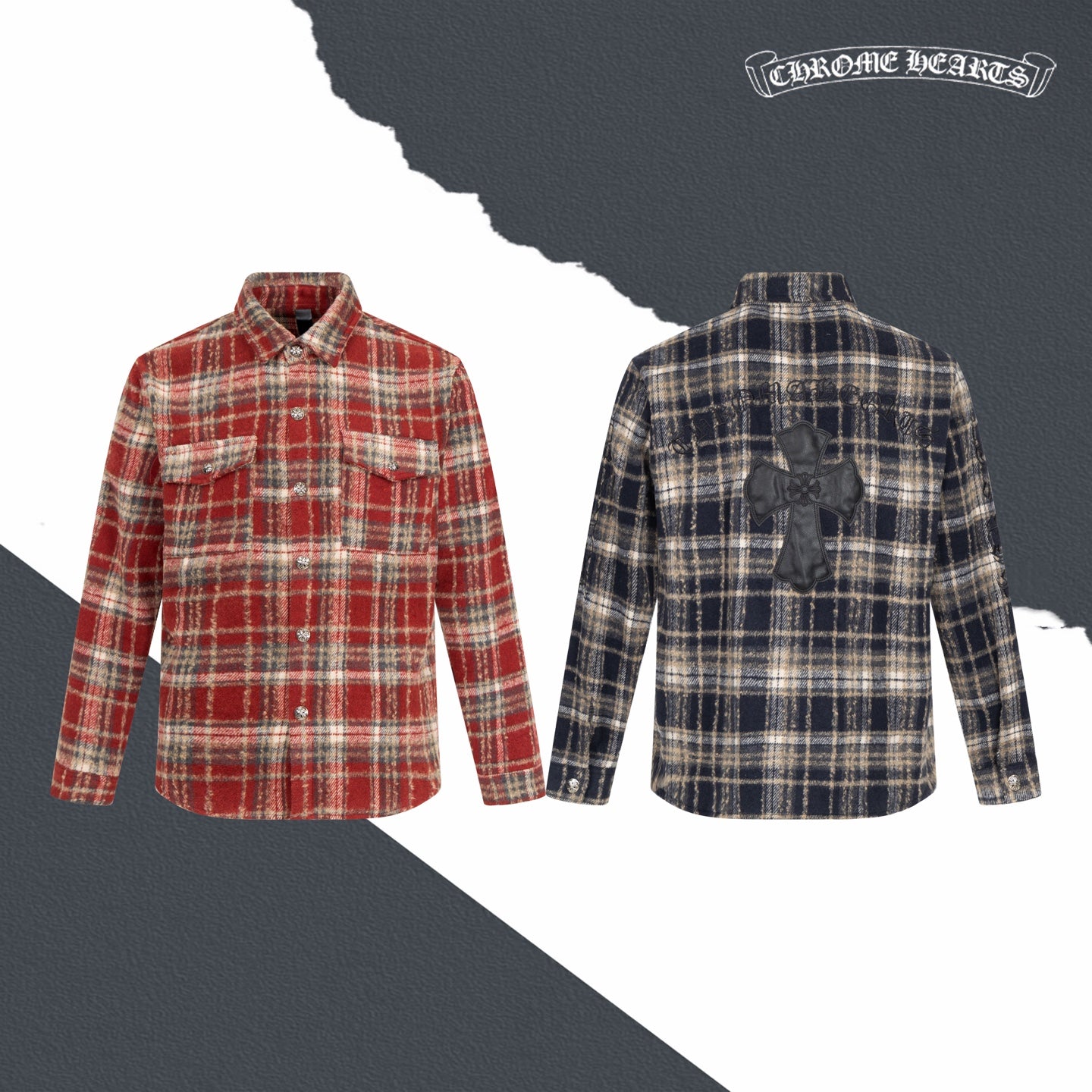 Plaid long-sleeve shirt jacket shown front and back views in red and dark navy