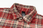 Red plaid shirt jacket collar with button placket and textured fabric