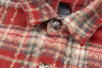 Red plaid shirt jacket with top button and stitched placket detail