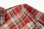 Red plaid shirt jacket with open collar and inner neck lining