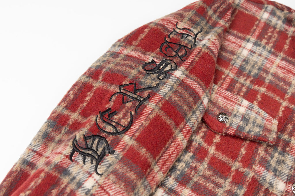 Chrome long clothes plaid fabric with black embroidered cursive graphic