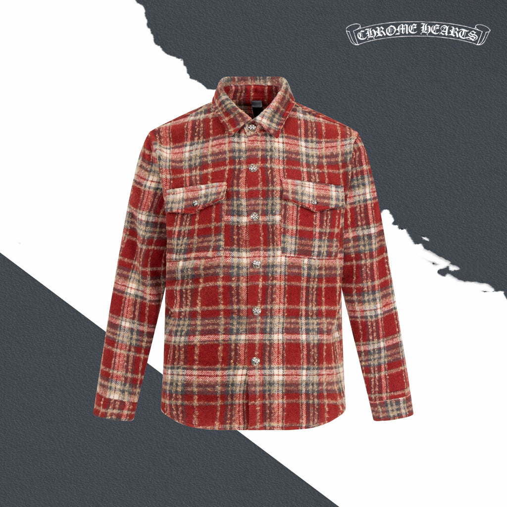 Red plaid long-sleeve button-up shirt jacket with point collar and chest pockets