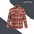 Red plaid long-sleeve button-up shirt jacket with point collar and chest pockets