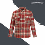 Red plaid long-sleeve button-up shirt jacket with point collar and chest pockets