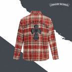 Red plaid long-sleeve shirt jacket with black cross emblem on back