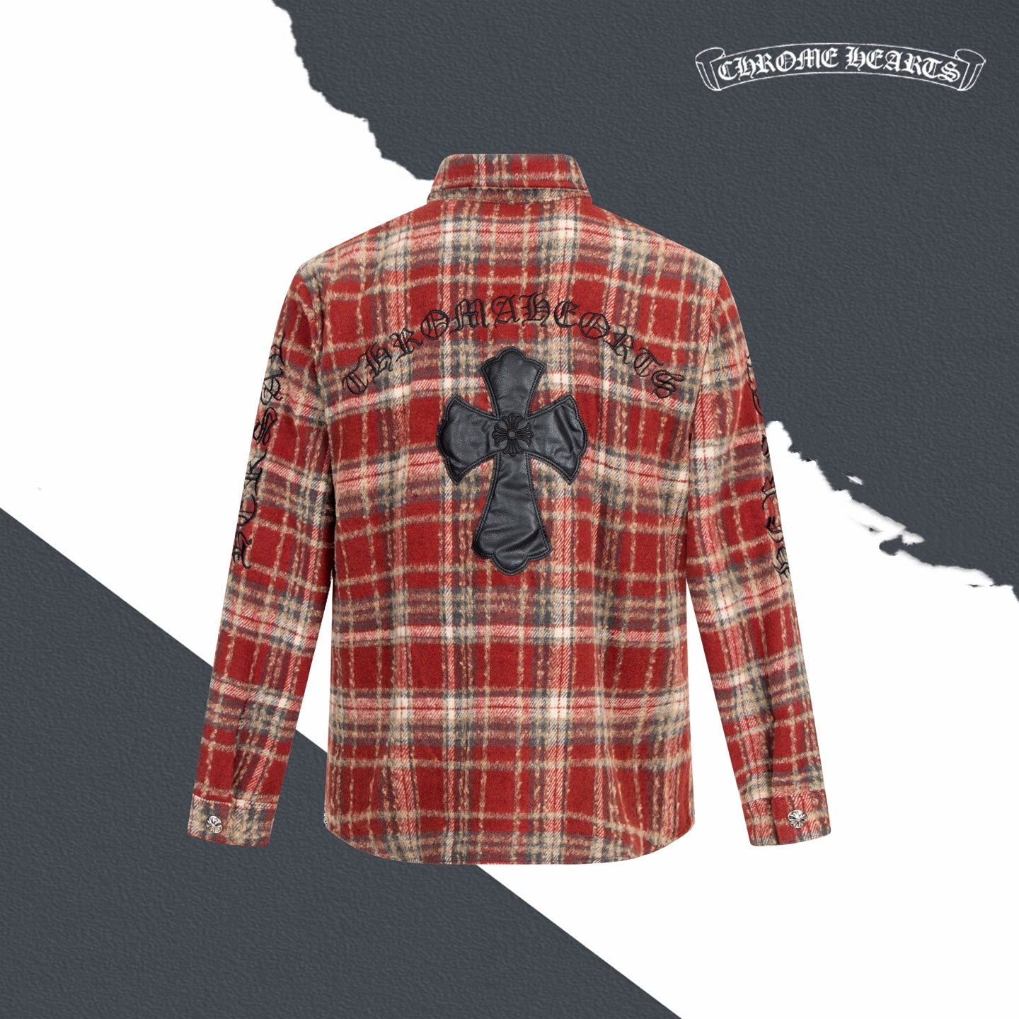 Red plaid long-sleeve shirt jacket with black cross emblem on back