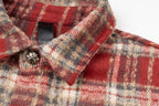 Red plaid shirt jacket shoulder yoke and collar with decorative button