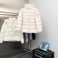 Long hooded puffer jacket, light pink, front zipper and sleeve logo patch