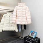 Long hooded puffer jacket, light pink, front zipper and sleeve logo patch