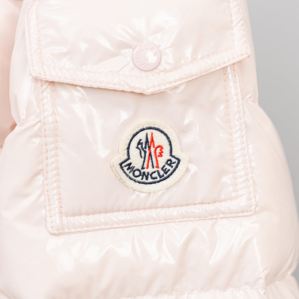 Light pink puffer jacket logo patch on chest pocket