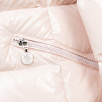Light pink long Moncler puffer jacket zipper with logo pull tab