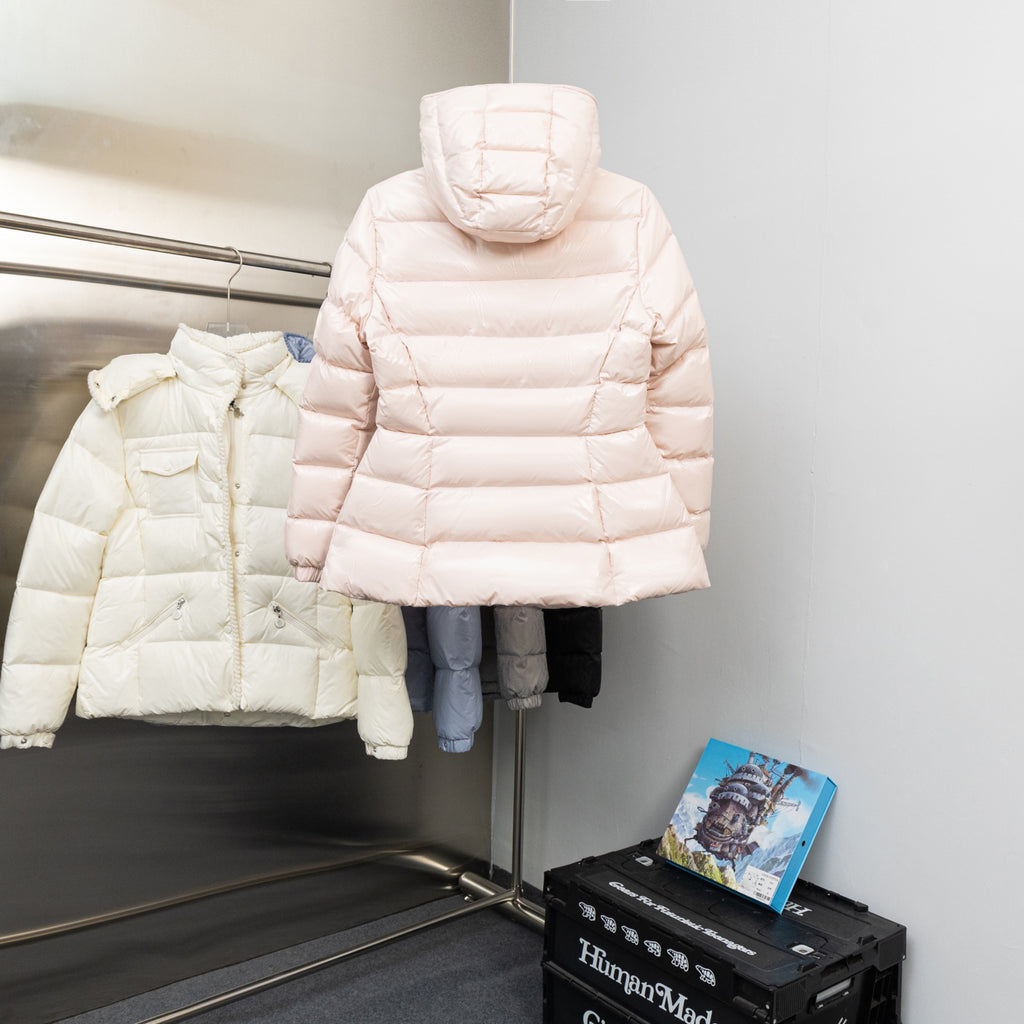 Long hooded puffer jacket, light pink, front zipper and logo patch