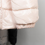 Light pink Moncler long puffer jacket elastic cuff with snap button