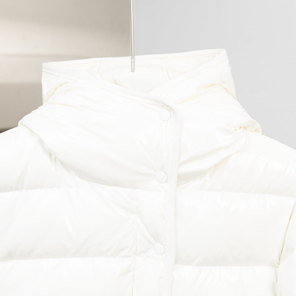 Moncler long white puffer jacket, close-up hood and padded collar