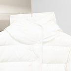 Moncler long white puffer jacket, close-up hood and padded collar