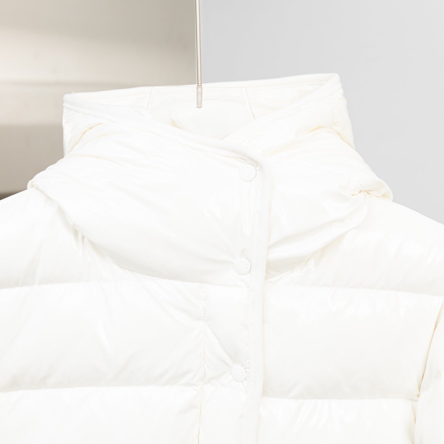 Moncler long white puffer jacket, close-up hood and padded collar