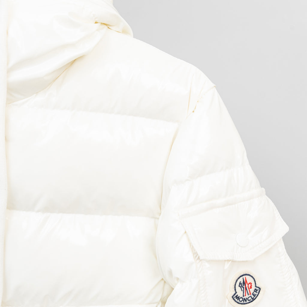 Moncler long white puffer jacket, shoulder detail with round logo patch