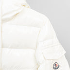 Moncler long white puffer jacket, shoulder detail with round logo patch