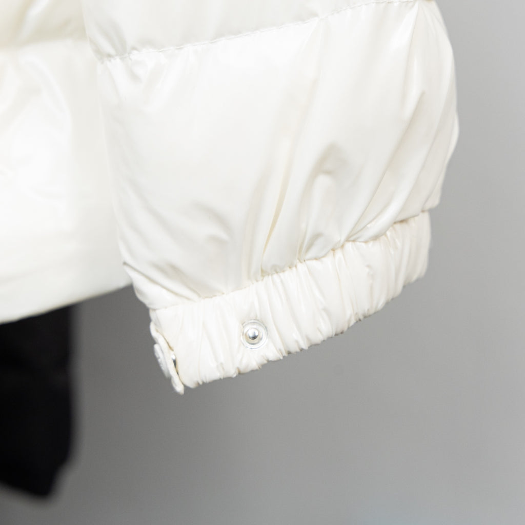 Moncler long puffer jacket sleeve cuff, white elastic hem with snap button