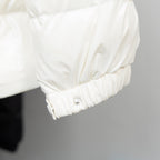 Moncler long puffer jacket sleeve cuff, white elastic hem with snap button