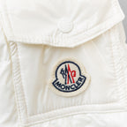 Moncler long white puffer jacket, close-up round logo patch on front panel