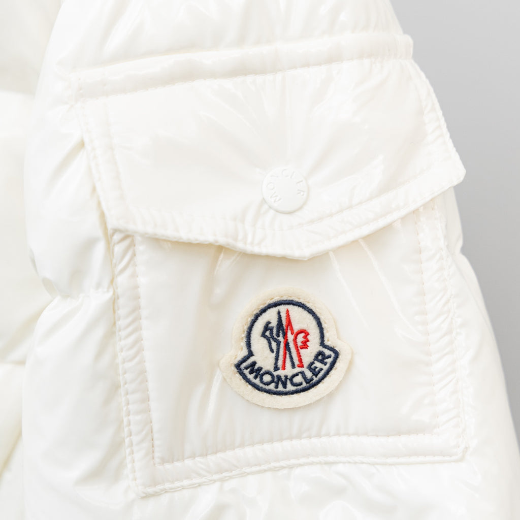 Moncler long white puffer jacket, round logo patch on chest pocket flap
