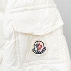 Moncler long white puffer jacket, round logo patch on chest pocket flap
