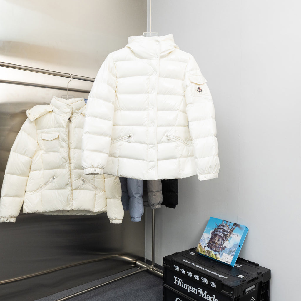 Moncler long white hooded puffer jacket, zip-front with stitched paneling