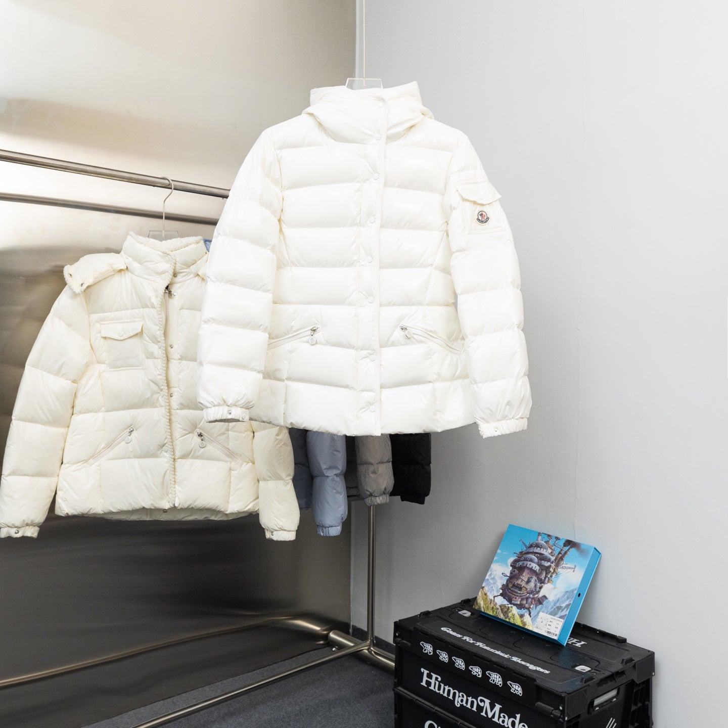 Moncler long white hooded puffer jacket, zip-front with stitched paneling