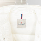 Moncler long white puffer jacket, front logo patch with red-blue stripe