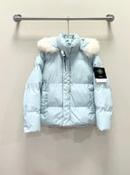 Light blue puffer jacket with faux fur hood and front zipper