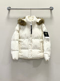 White puffer jacket with faux fur hood and full front zipper