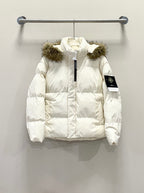White puffer jacket with faux fur hood and full front zipper