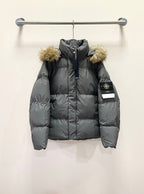 Down puffer jacket with faux fur hood trim, dark gray, front zip and side pockets