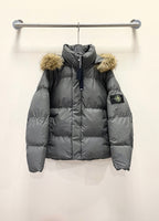 Charcoal puffer jacket with faux fur hood and front zipper