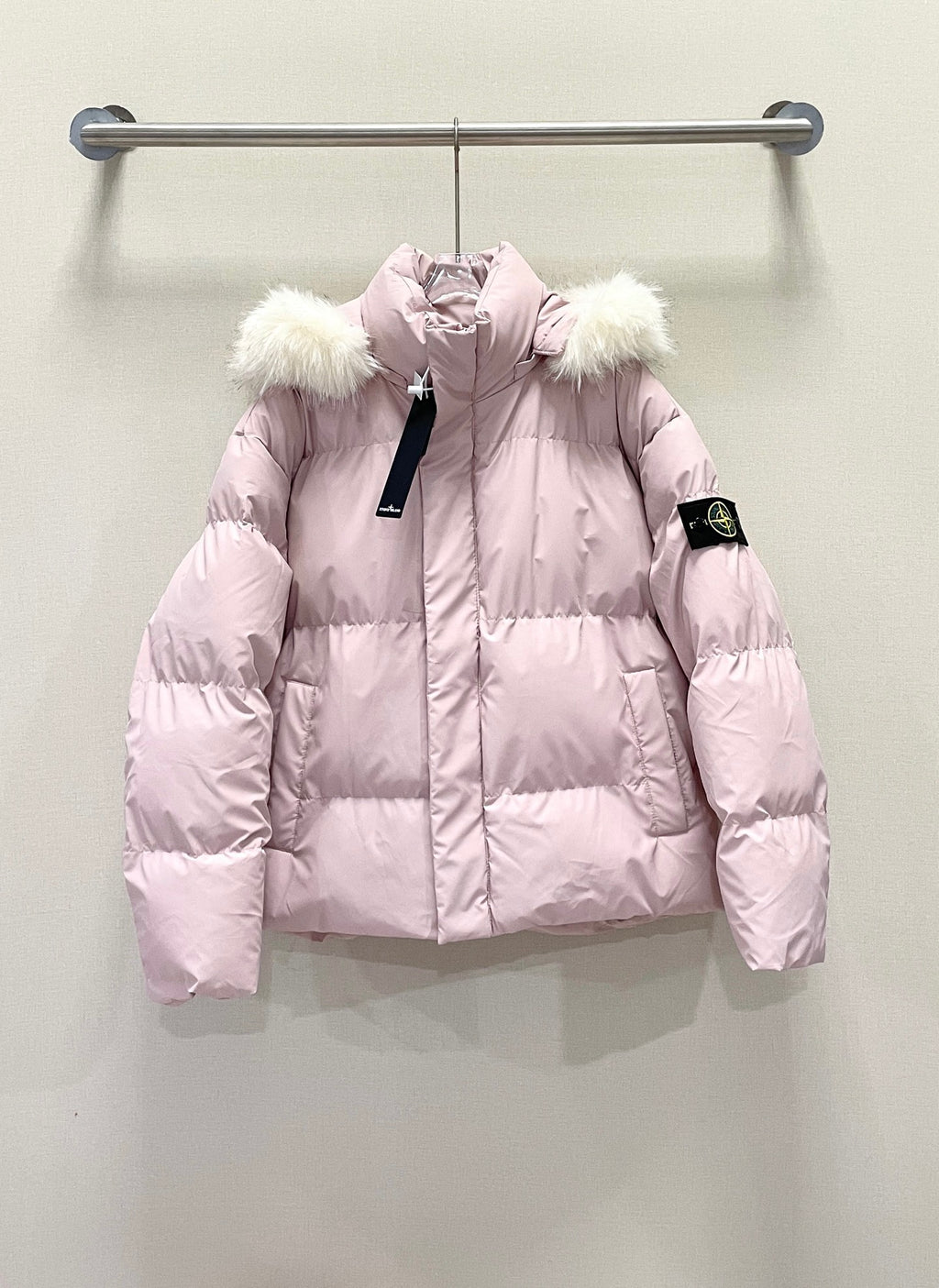 Stone Island light pink puffer jacket with faux fur collar and hood
