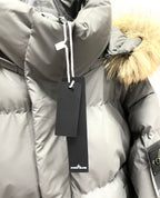 Down puffer jacket with drawstring hood, faux fur cuffs, gray, front zip