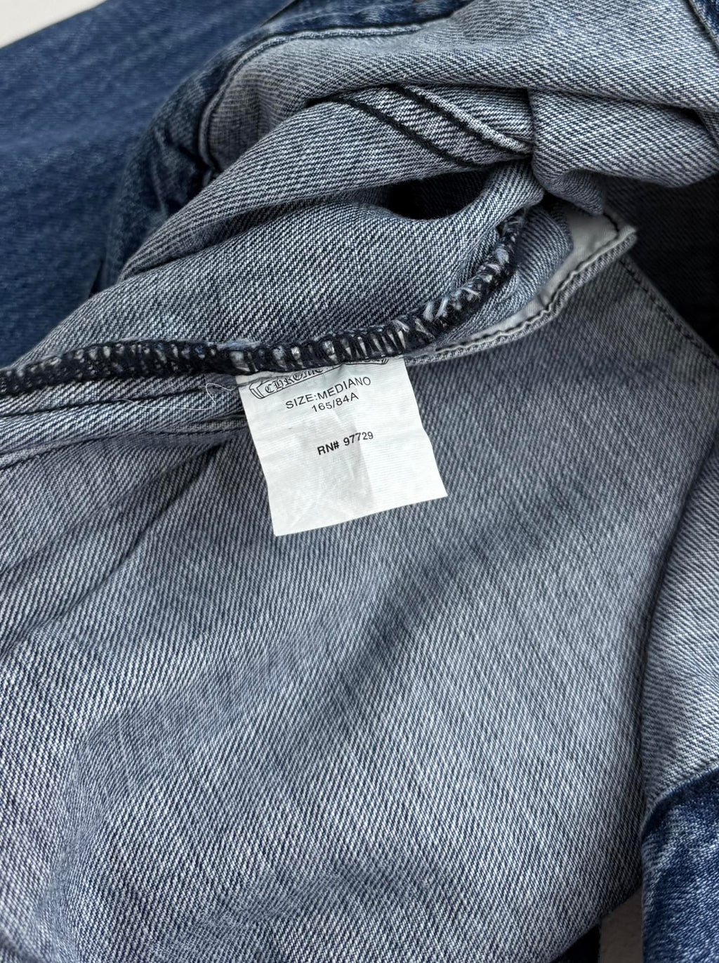 Denim jacket inside neckline with woven care label tag