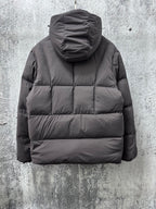 Long padded jacket with attached hood and full-zip front, dark gray