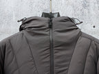 Long padded jacket with hood, high collar, and full-zip front, dark gray
