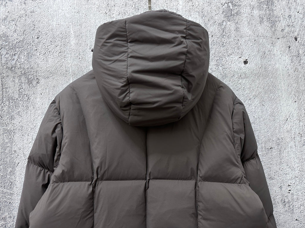 Long padded jacket with attached hood, dark gray