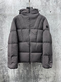 Long padded jacket with full-zip front and hood, dark gray