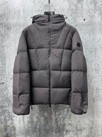 Long padded jacket with full-zip front and hood, dark gray