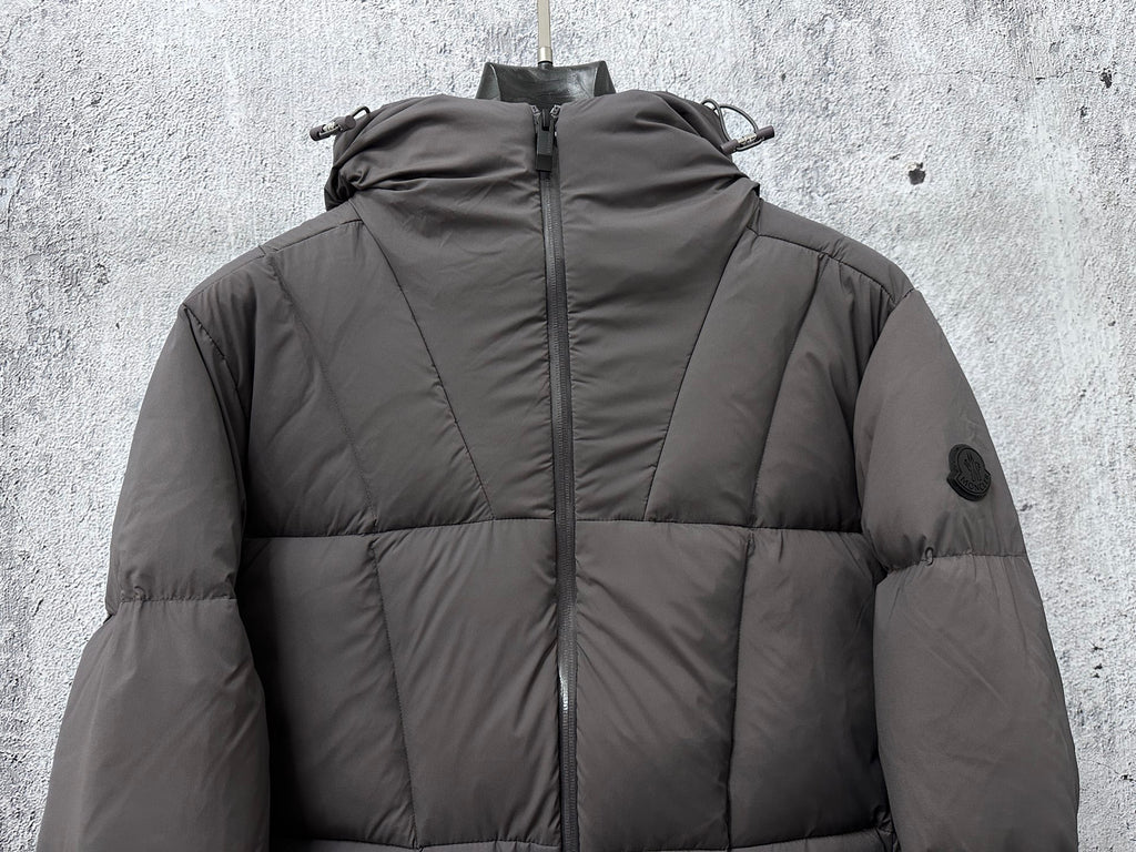 Long padded jacket with hood and full-zip front, dark gray